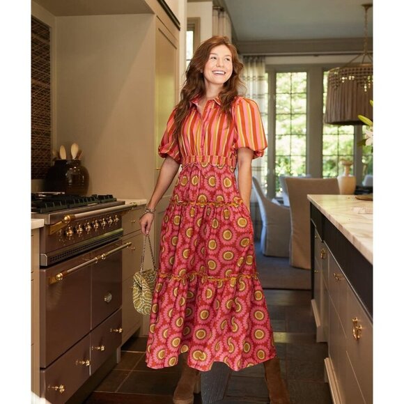 Brooks Ave Banyan Puff Sleeve Maxi Dress Size Large Pink Red Maximalist Bright - Picture 1 of 11